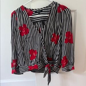 Madewell Black and White Wrap Blouse with Tie Front